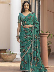 Marvelous Green Floral Printed Silk Saree With Blouse