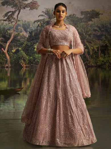 Desirable Mauve Net Embroidered Party Wear Lehenga Choli With Dupatta