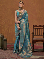 Startling Teal Blue Handloom Weaving Silk Event Wear Saree With Blouse