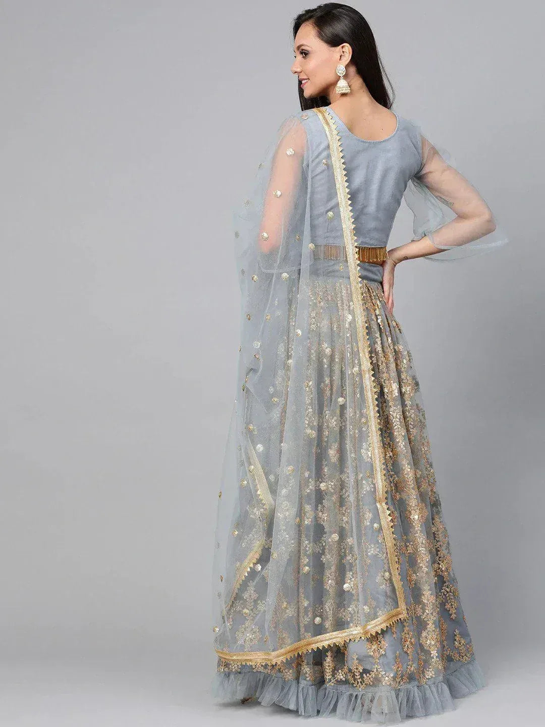 Grey lehenga choli with gold embroidery and sheer dupatta, ethnic Indian wear for women