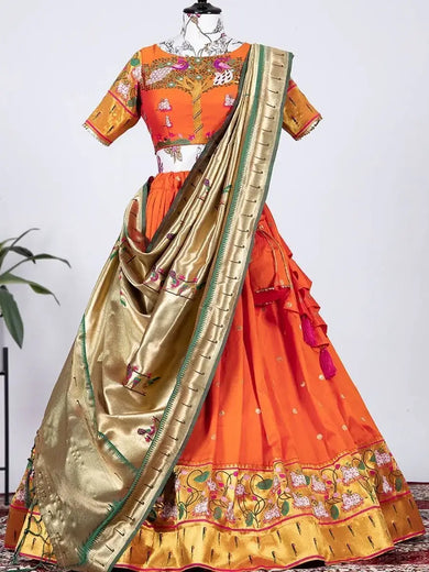 Outstanding Orange Zari Weaving Jacquard Silk Lehenga Choli