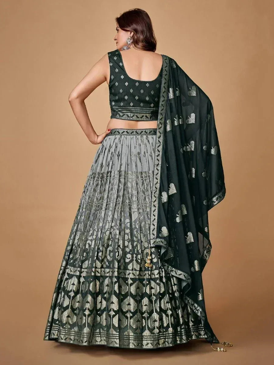 Dark green and silver embroidered lehenga choli with matching dupatta, ethnic Indian wear