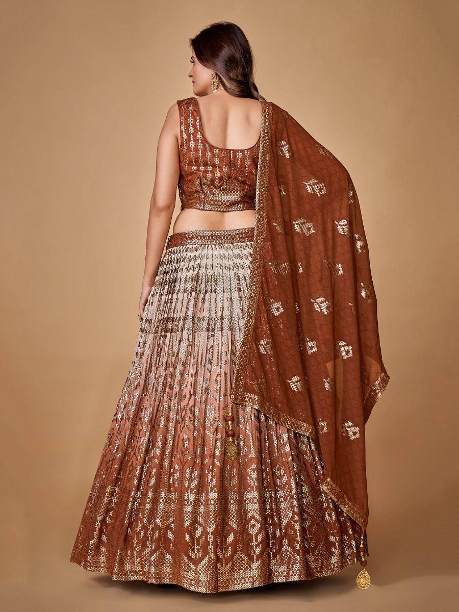 Brown and gold embroidered lehenga choli with matching dupatta, Indian ethnic wear for women