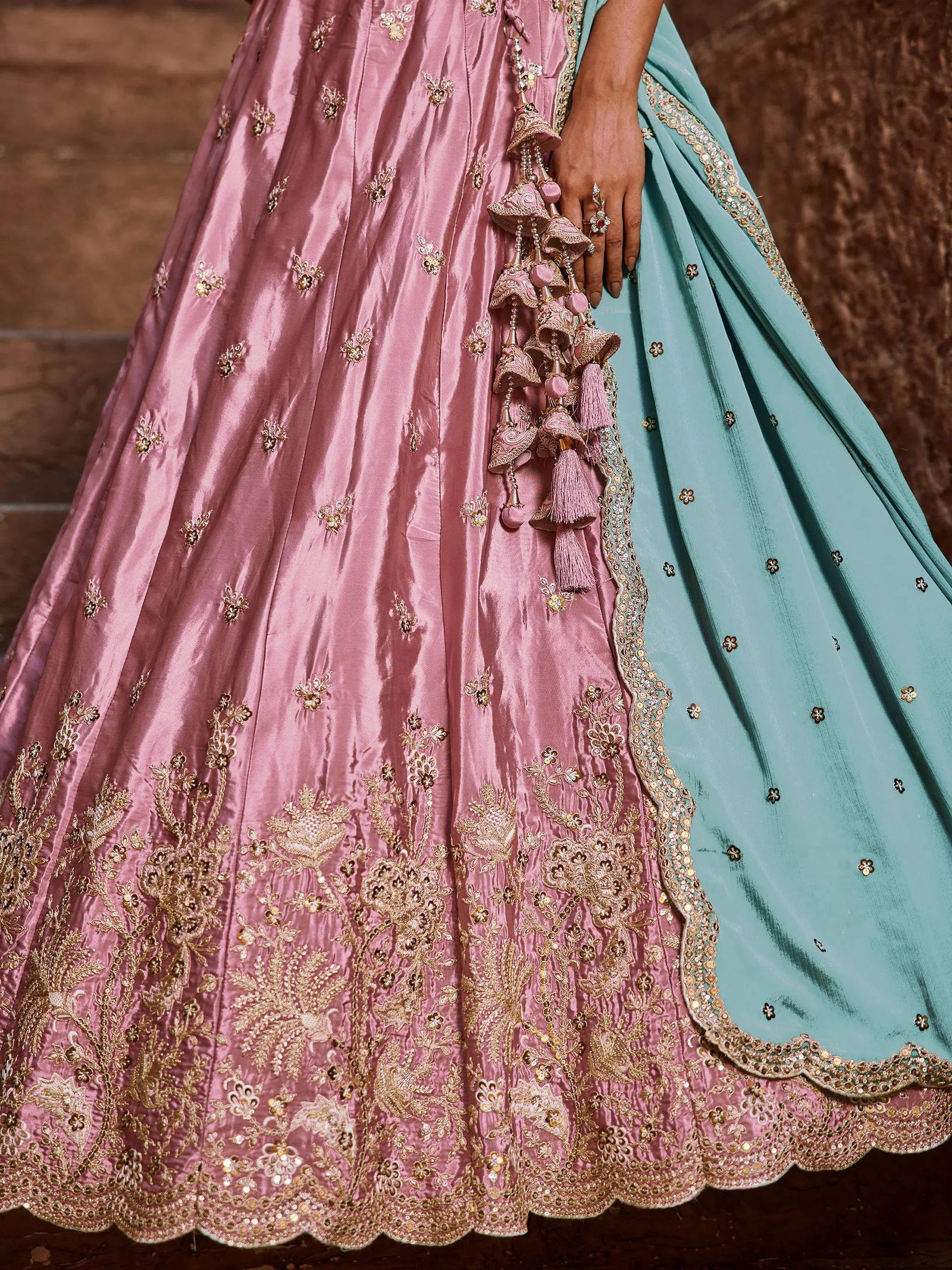 Noteworthy Pastel Pink Sequins Silk Wedding Wear Lehenga Choli