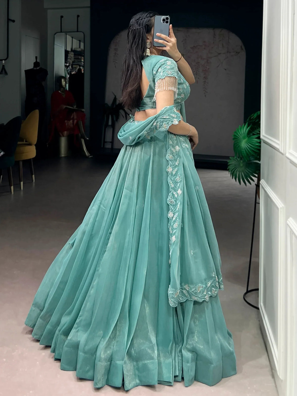 Stunning Sea Green Bead Work Organza Mehendi Wear Lehenga With Blouse