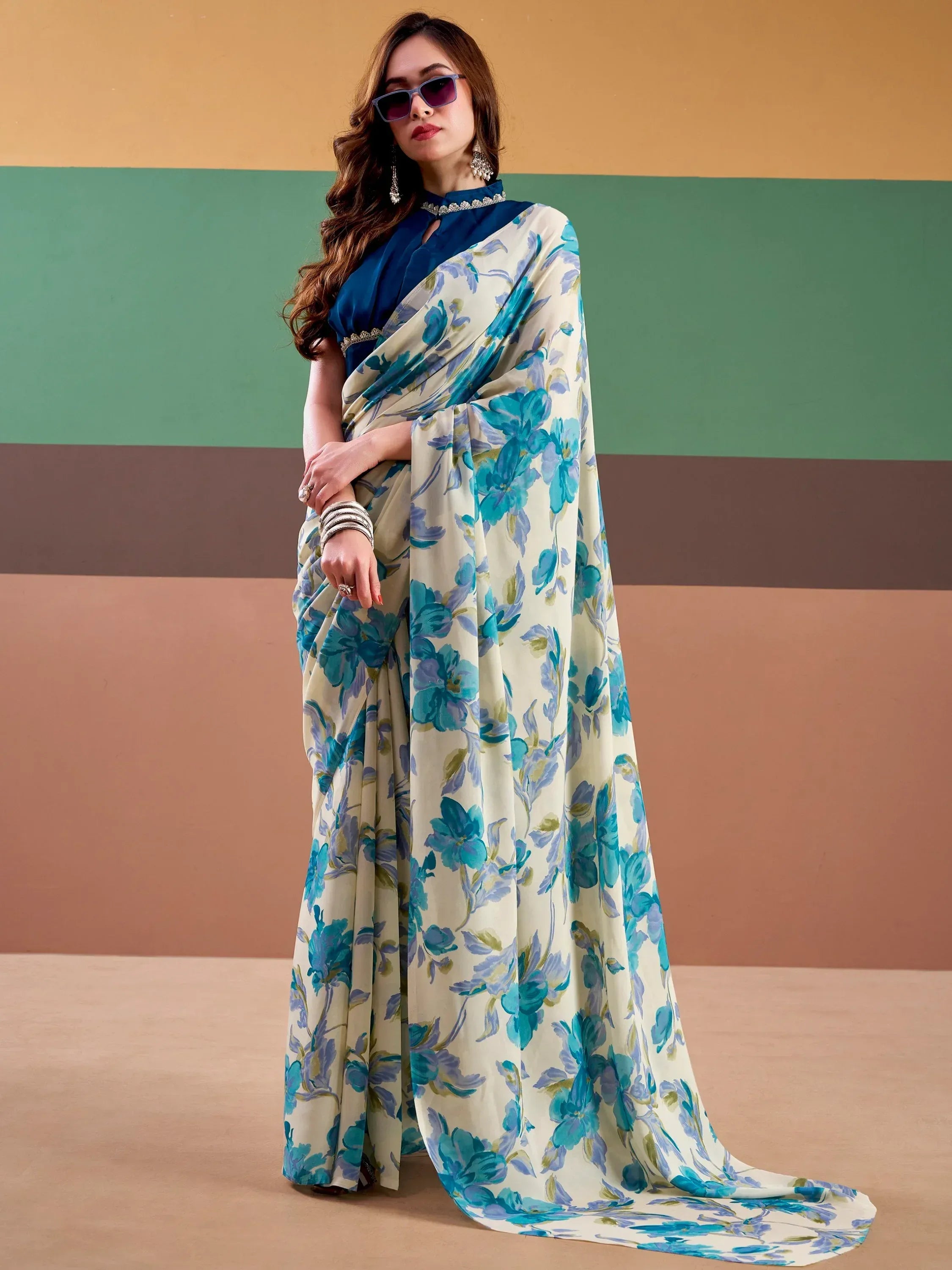 Precious Sky Blue Floral Printed Satin Casual Wear Saree With Blouse