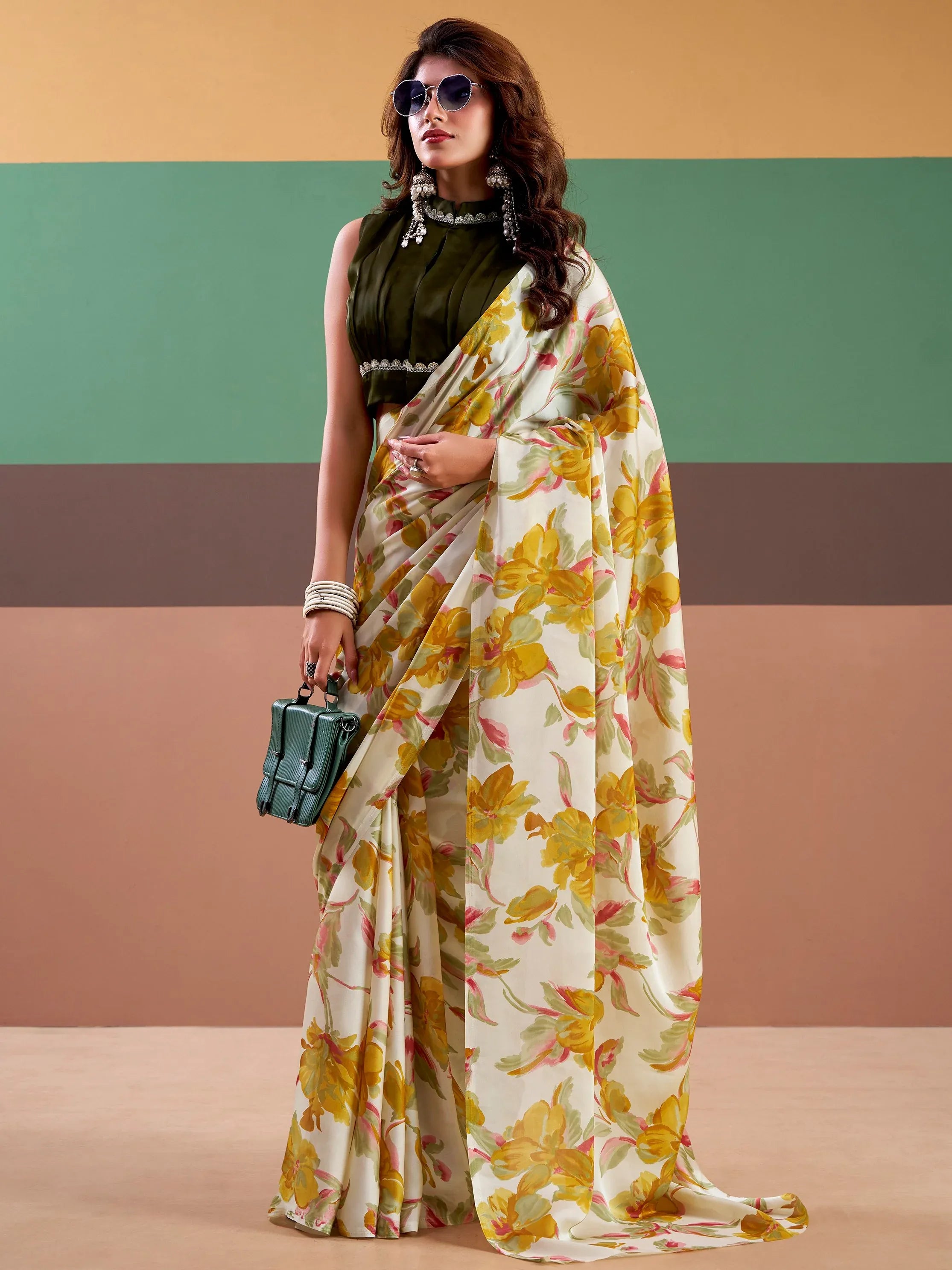 Aesthetic Yellow Floral Printed Satin Haldi Wear Saree With Blouse