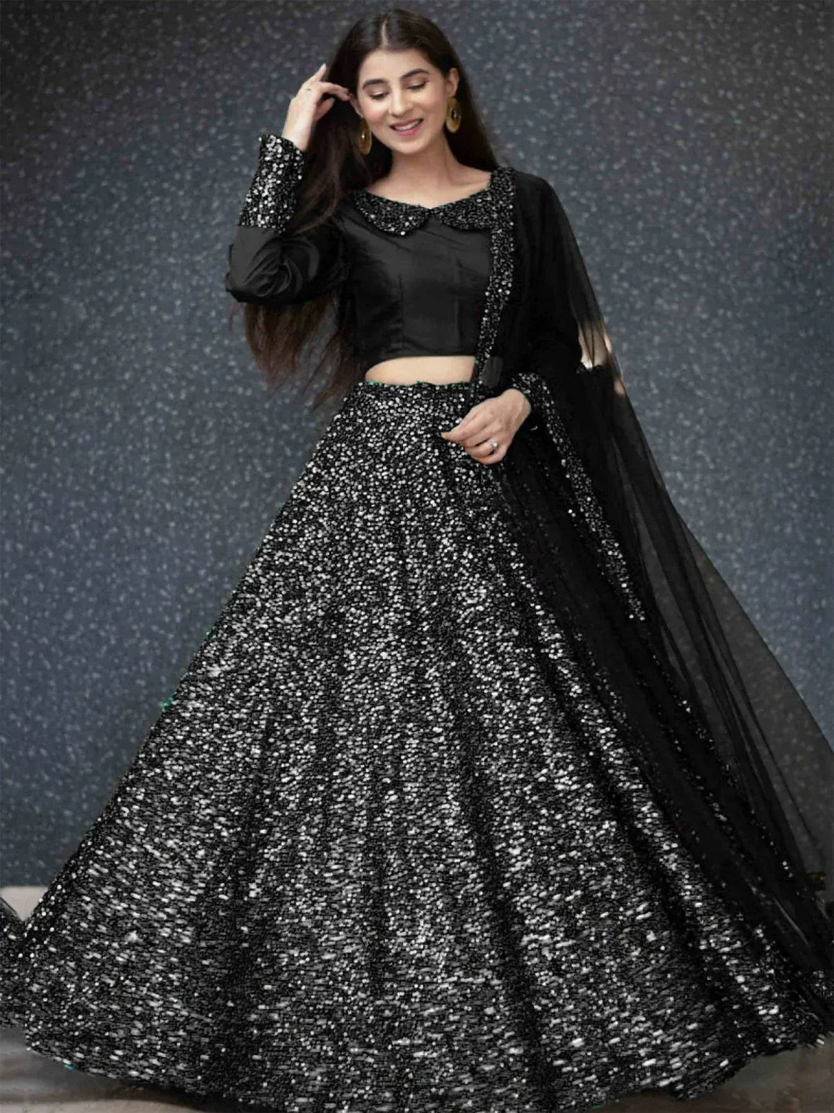 Black sequin lehenga choli with sheer dupatta, elegant Indian ethnic wear for festive occasions