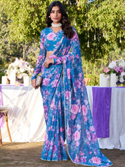 Aesthetic Blue Floral Printed Chiffon Office Wear Saree With Blouse