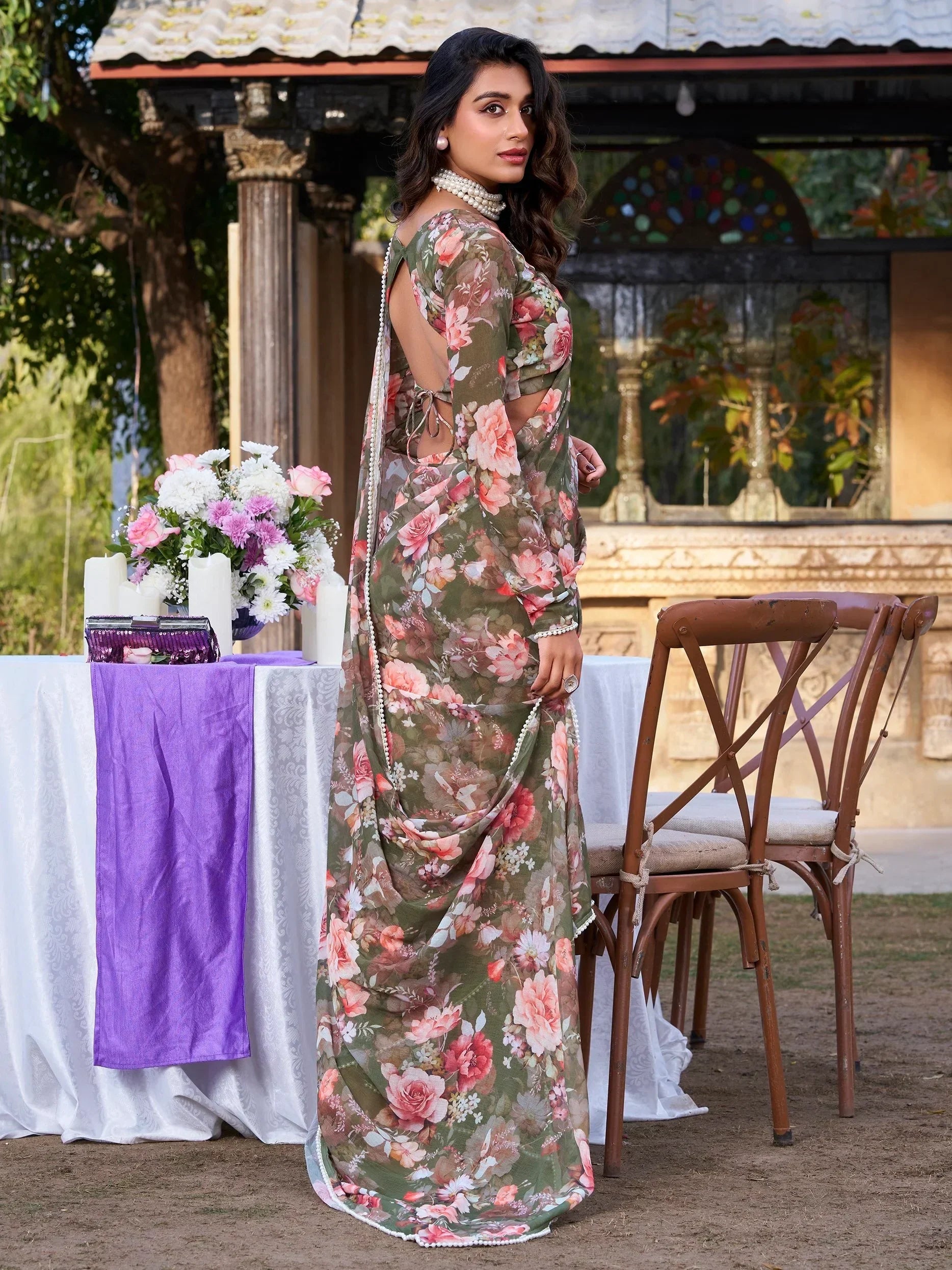 Incredible Mehendi Green Floral Printed Chiffon Casual Wear Saree