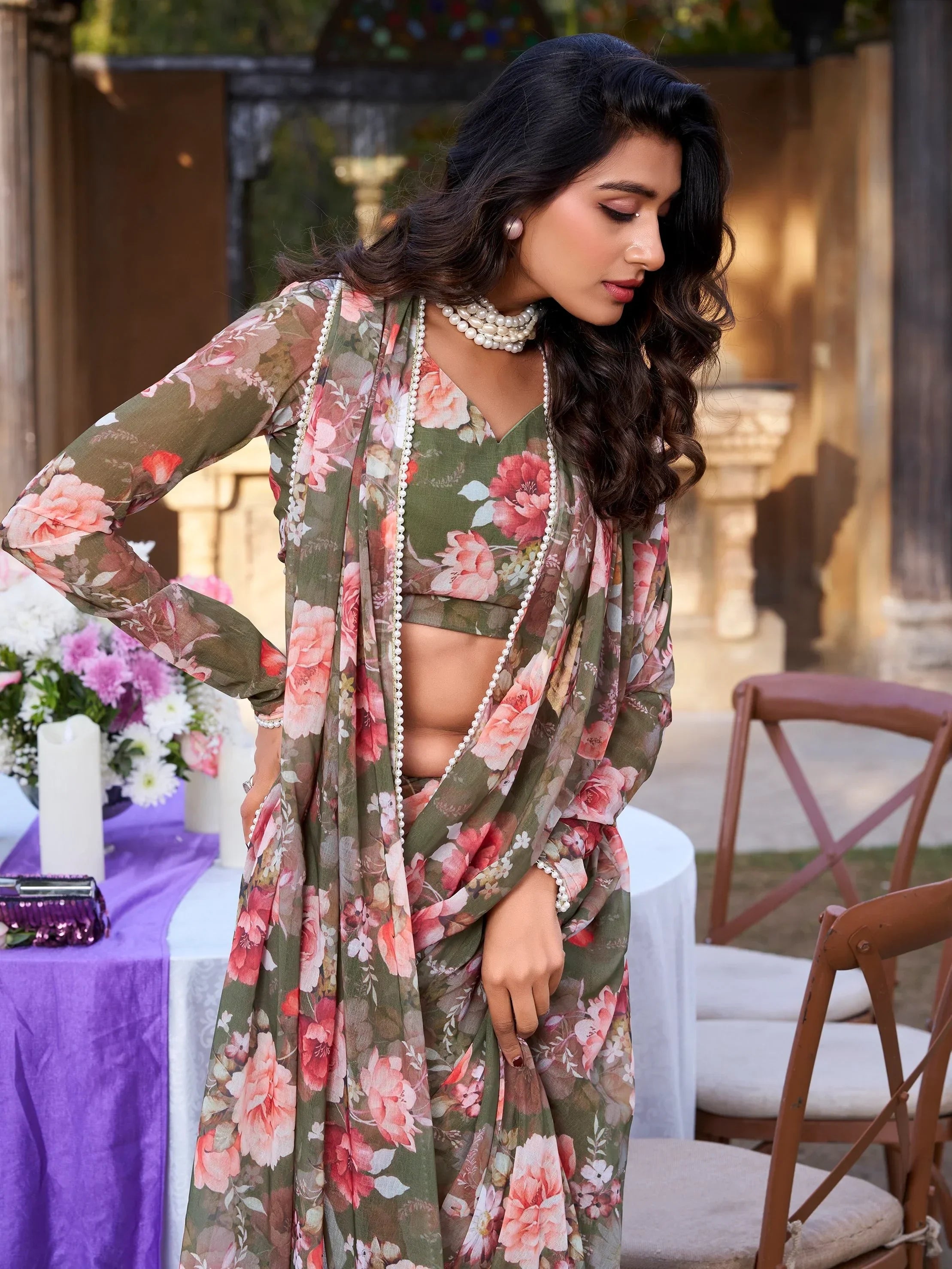 Incredible Mehendi Green Floral Printed Chiffon Casual Wear Saree