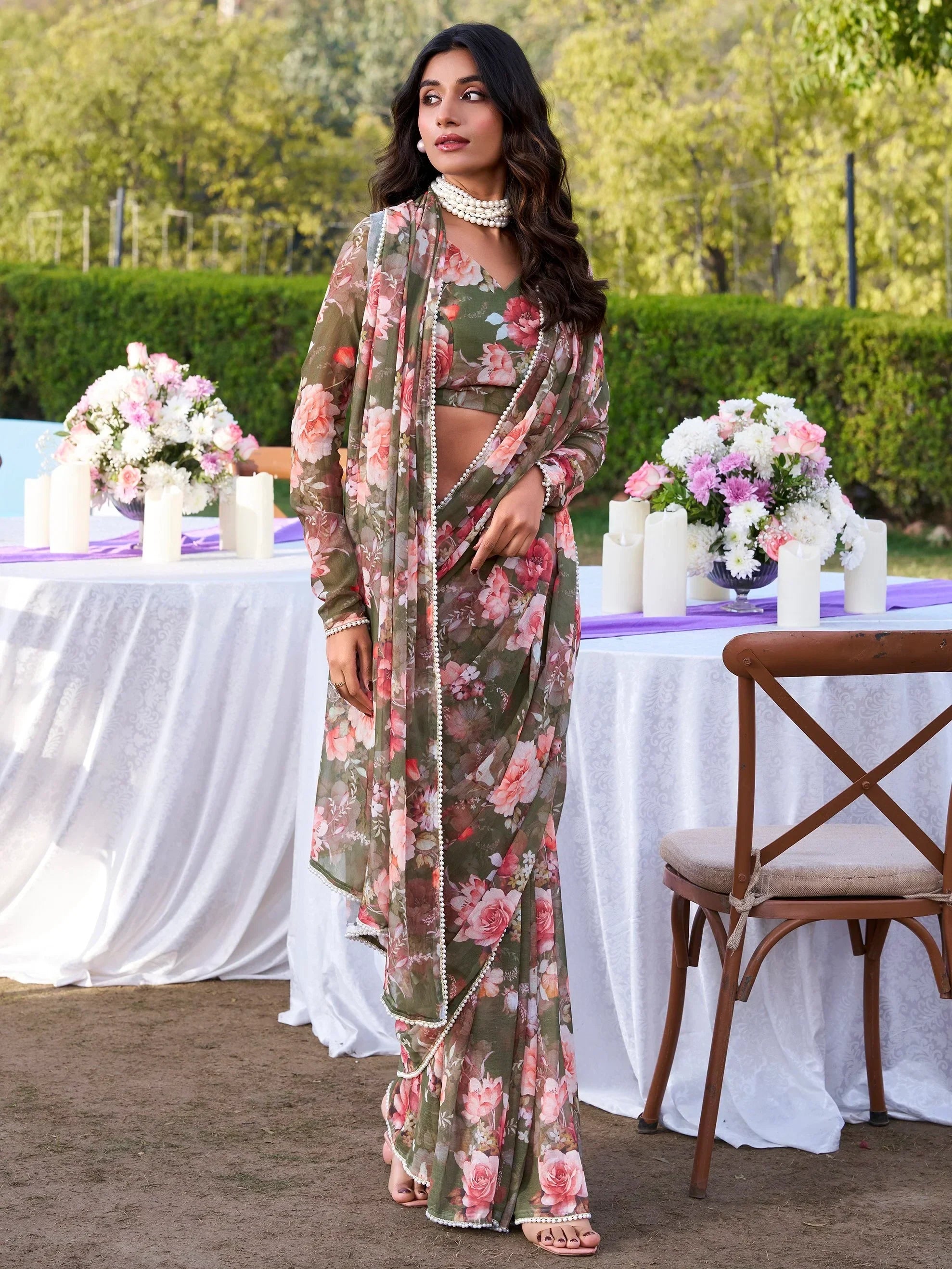 Incredible Mehendi Green Floral Printed Chiffon Casual Wear Saree