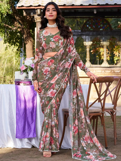 Incredible Mehendi Green Floral Printed Chiffon Casual Wear Saree