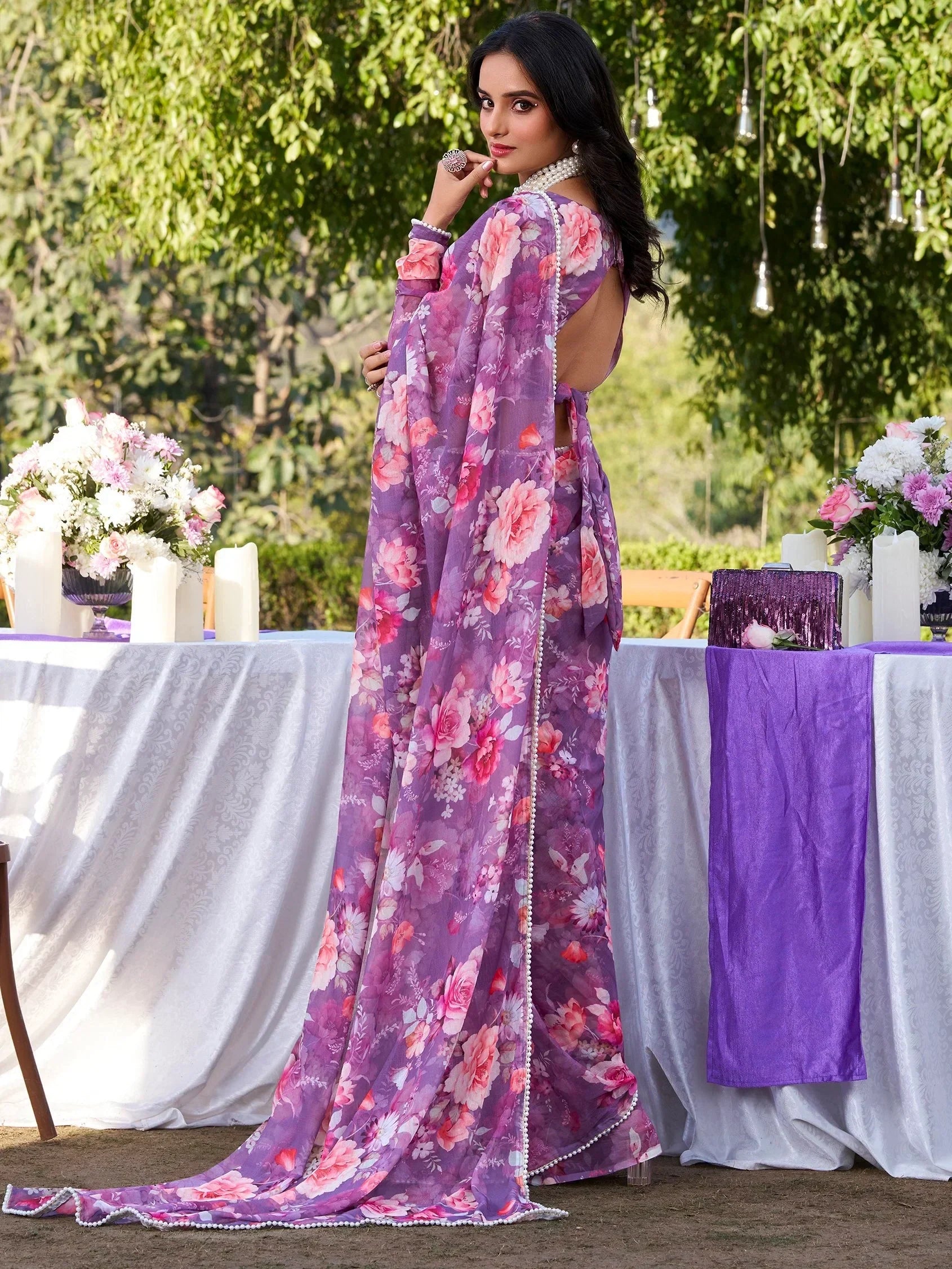 Exquisite Purple Floral Printed Chiffon Saree With Blouse