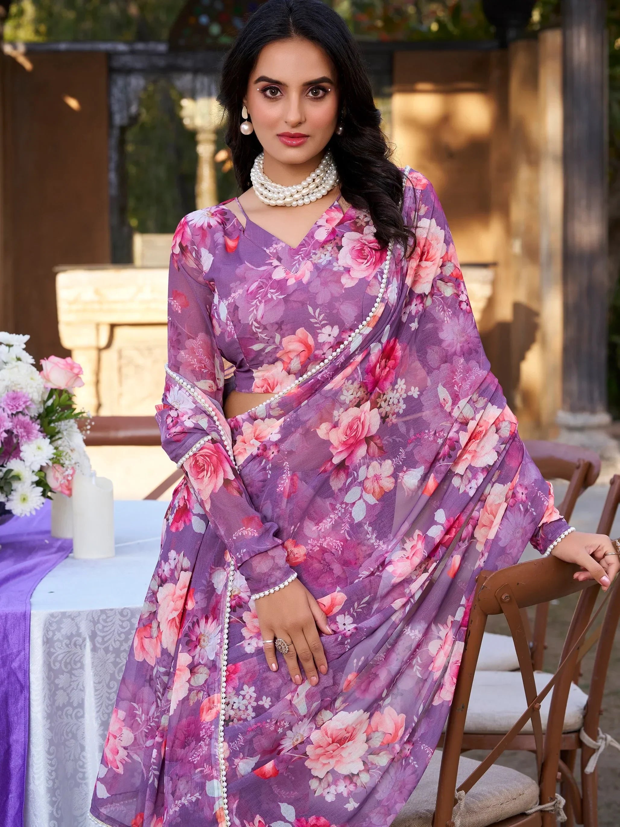 Exquisite Purple Floral Printed Chiffon Saree With Blouse