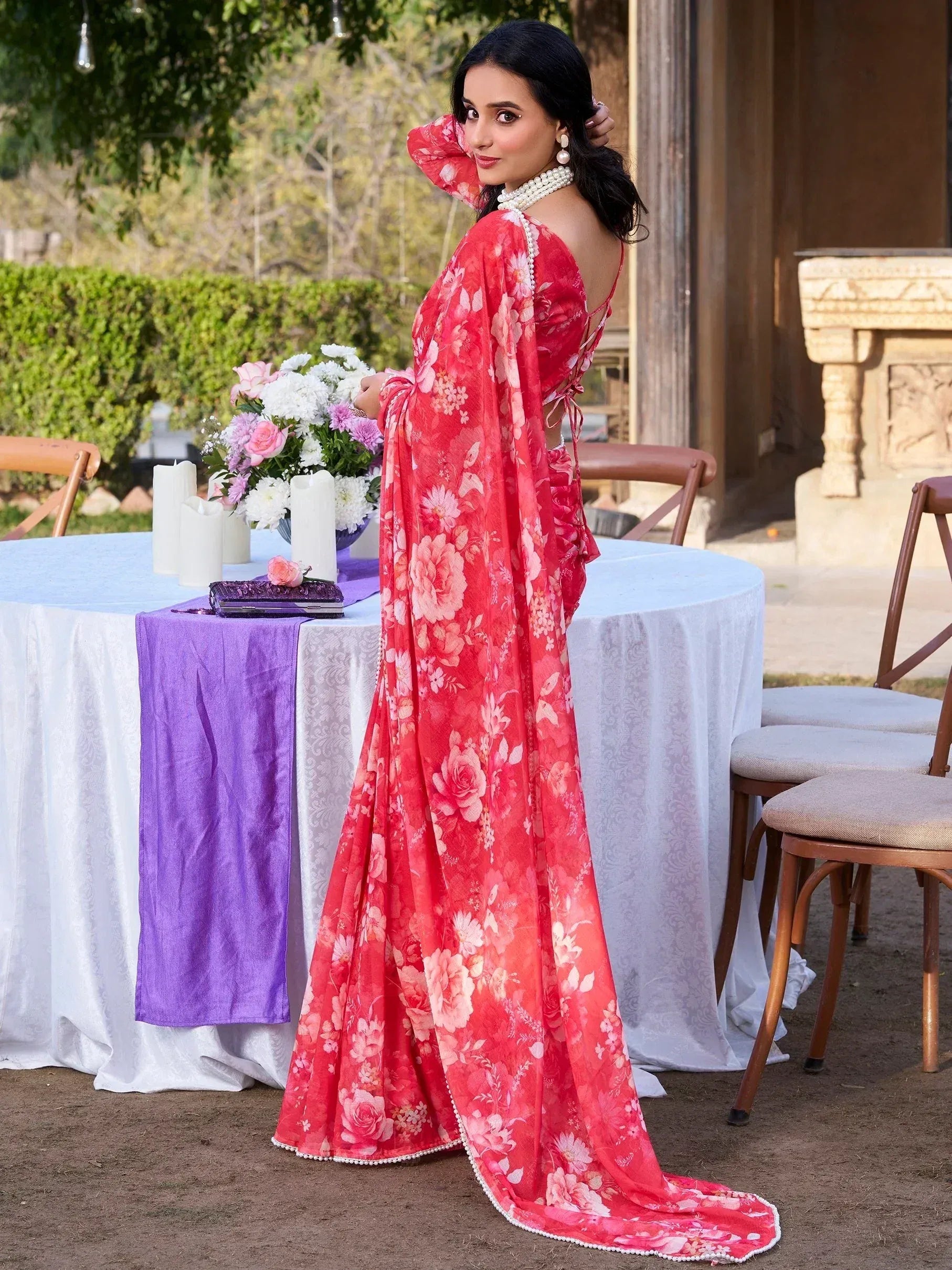 Desirable Red Floral Printed Chiffon Event Wear Saree With Blouse