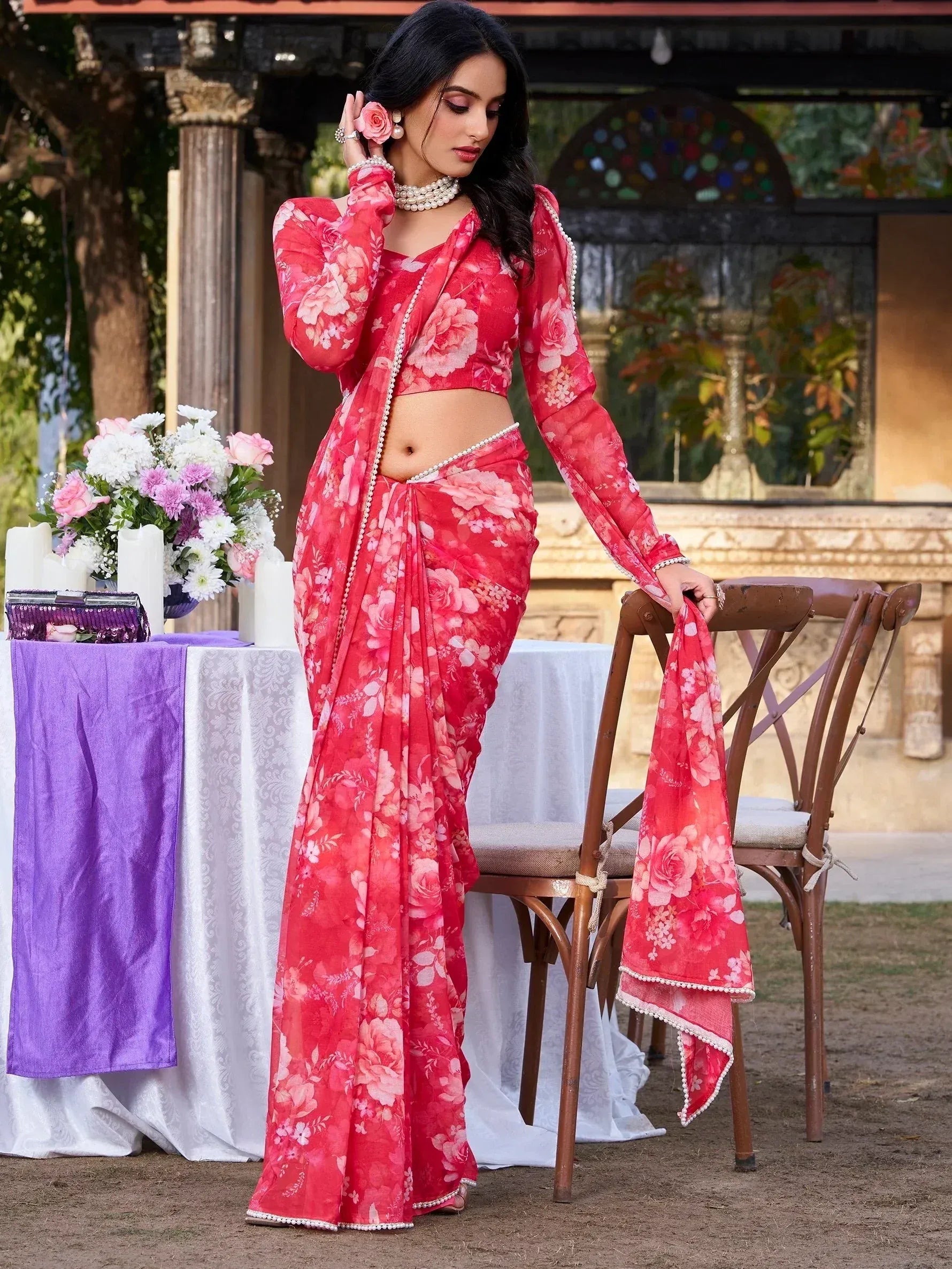 Desirable Red Floral Printed Chiffon Event Wear Saree With Blouse