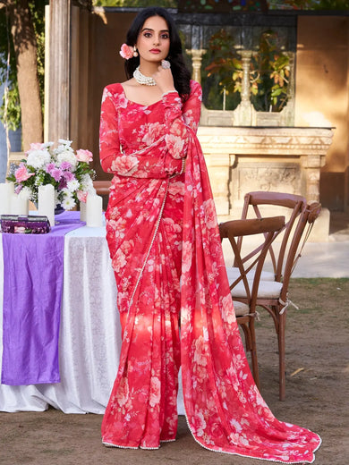 Desirable Red Floral Printed Chiffon Event Wear Saree With Blouse