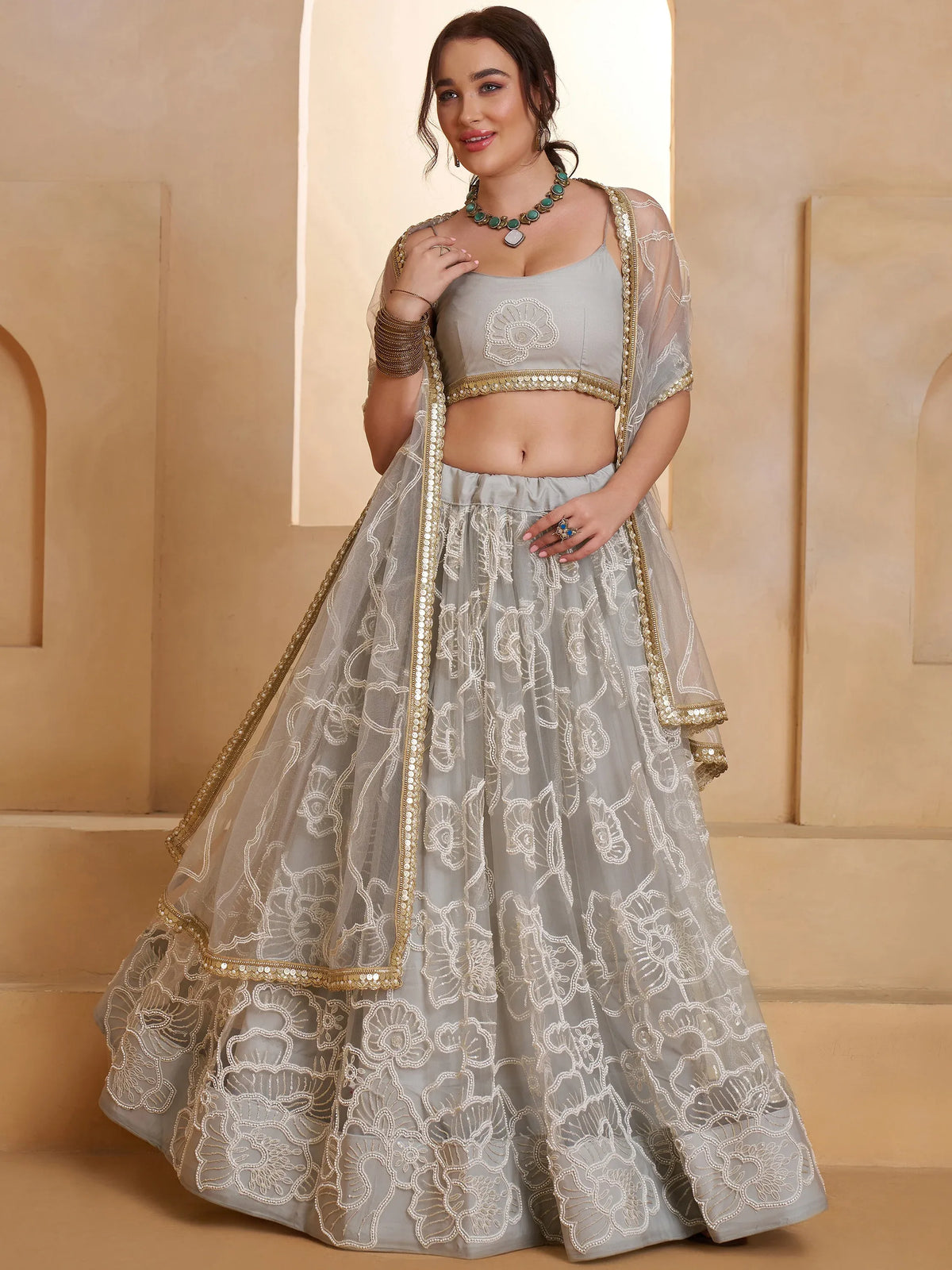 Wonderful Grey Thread Work Net Sangeet Wear Lehenga Choli With Dupatta