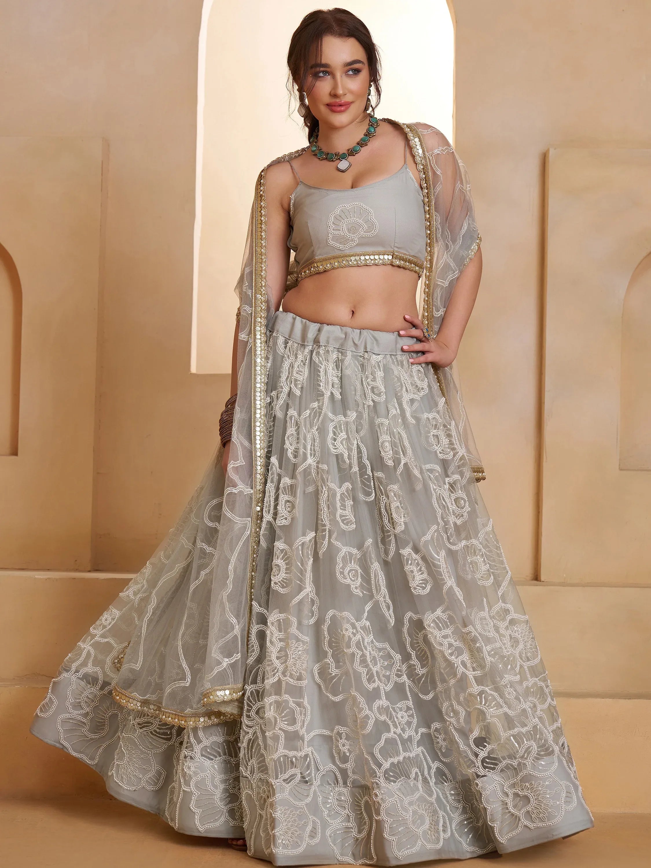 Wonderful Grey Thread Work Net Sangeet Wear Lehenga Choli With Dupatta