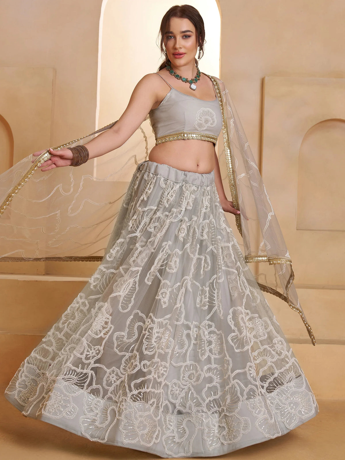 Wonderful Grey Thread Work Net Sangeet Wear Lehenga Choli With Dupatta