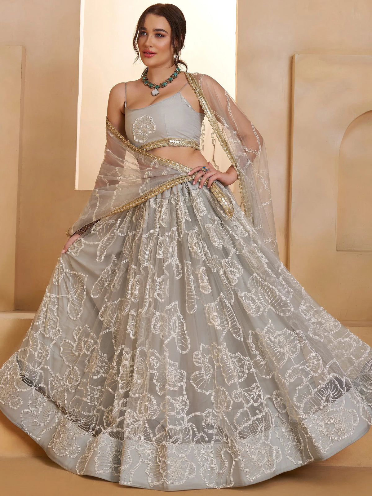 Wonderful Grey Thread Work Net Sangeet Wear Lehenga Choli With Dupatta