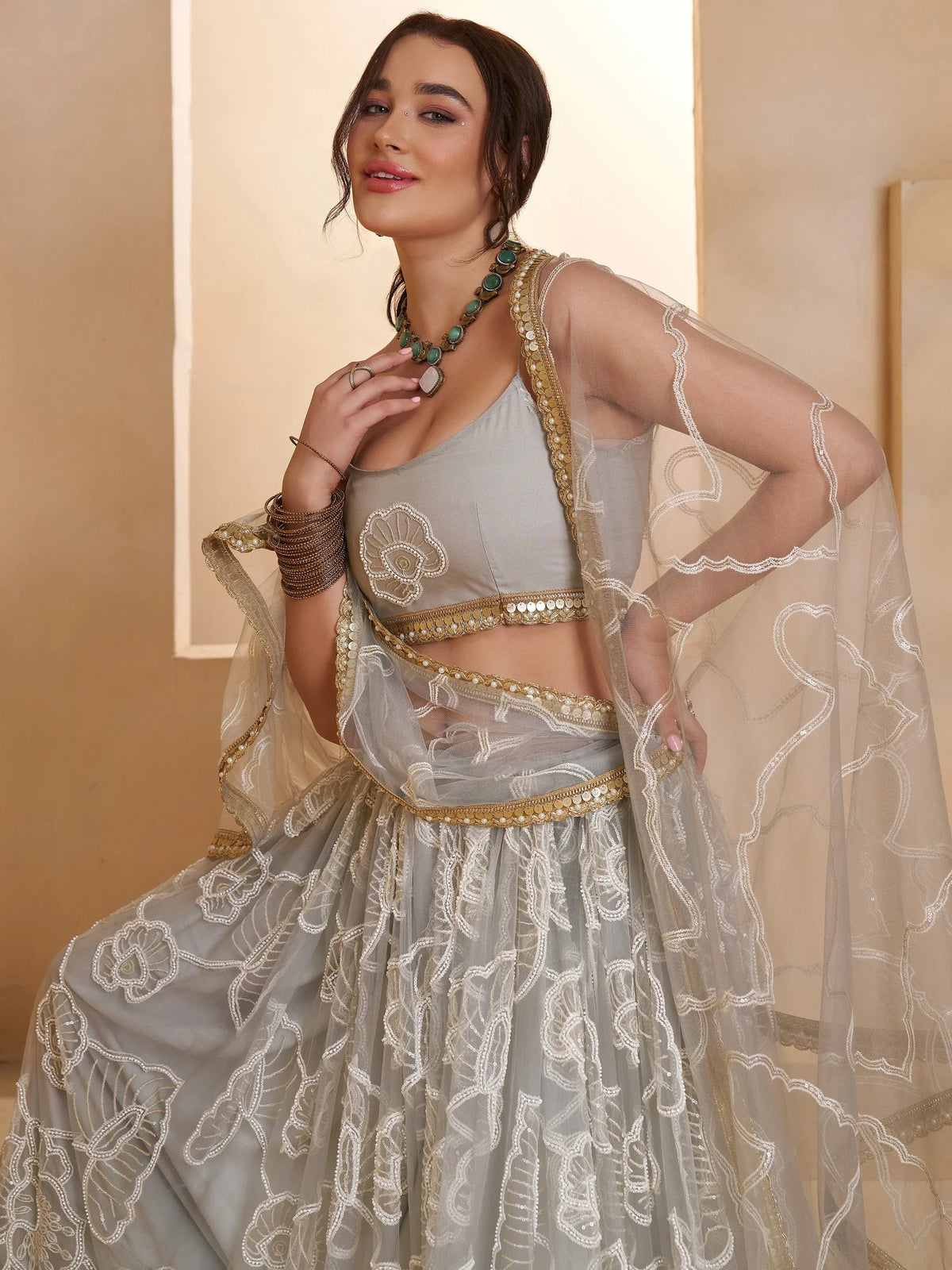 Wonderful Grey Thread Work Net Sangeet Wear Lehenga Choli With Dupatta