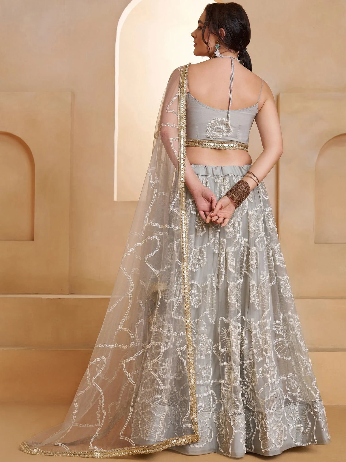 Wonderful Grey Thread Work Net Sangeet Wear Lehenga Choli With Dupatta