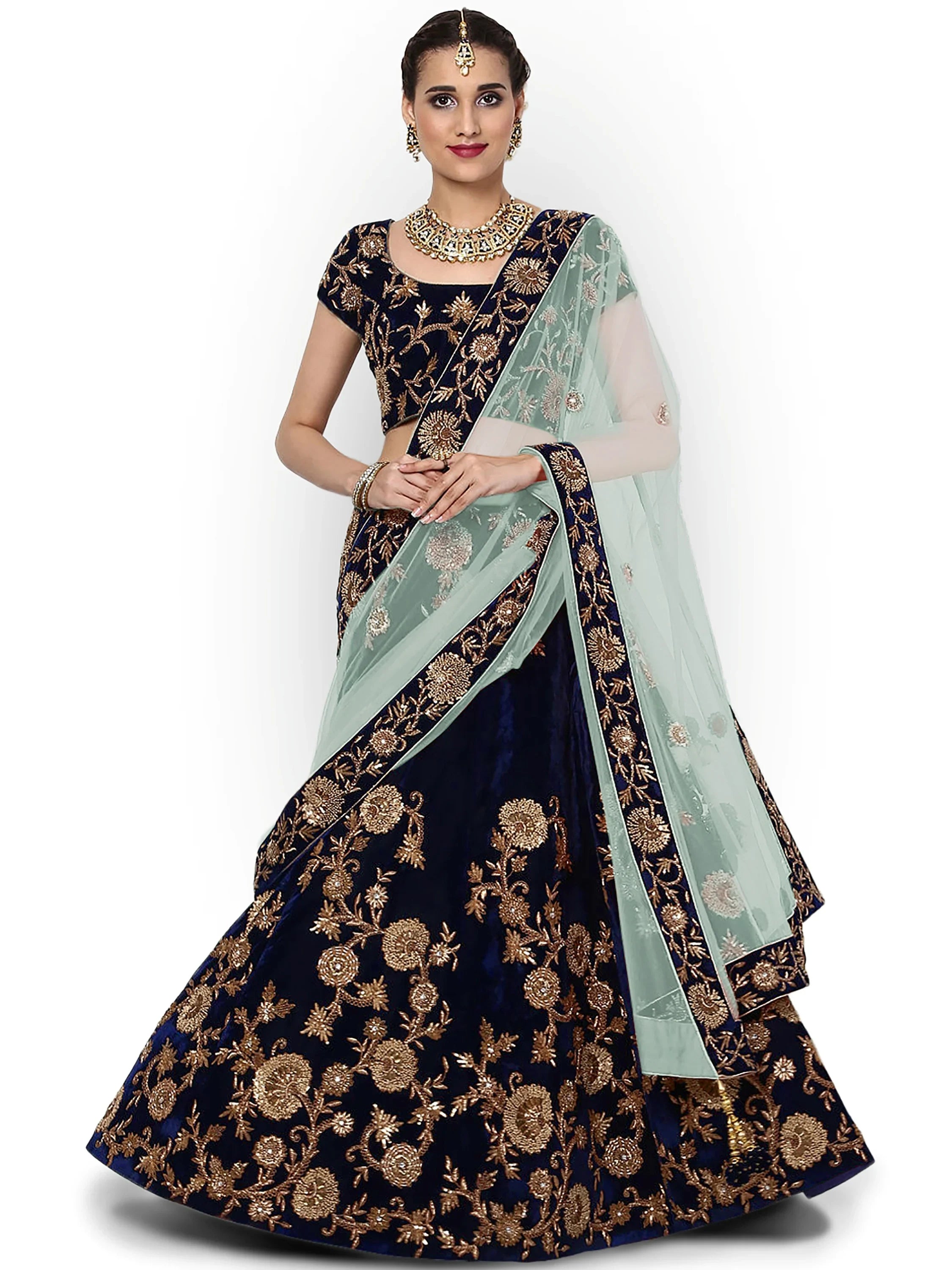 Classic Blue Dori Embroidered Velvet Bridesmaid Plus Size Lehenga Choli
