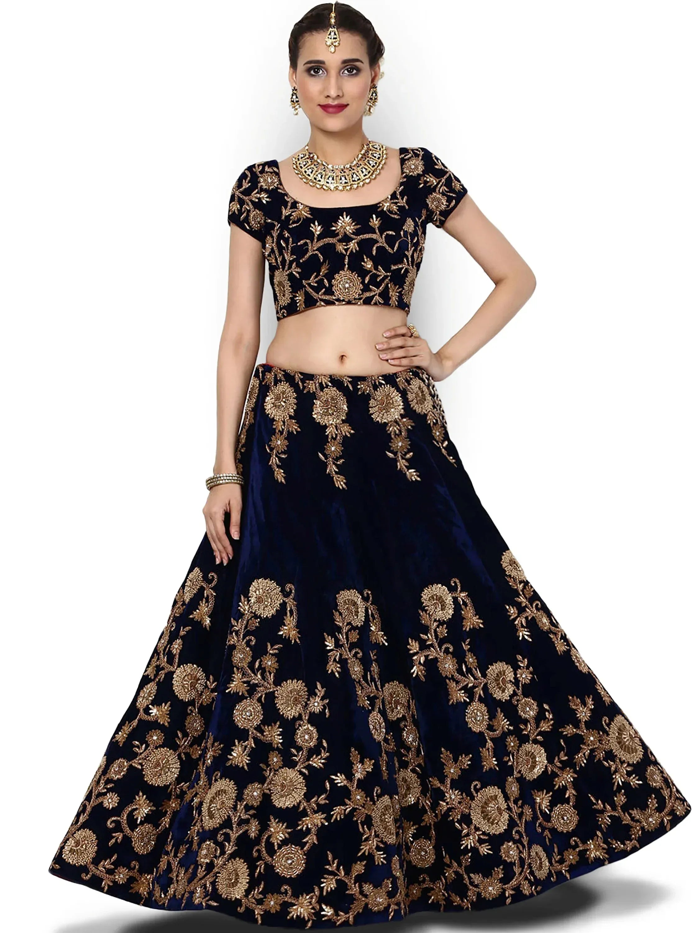 Classic Blue Dori Embroidered Velvet Bridesmaid Plus Size Lehenga Choli