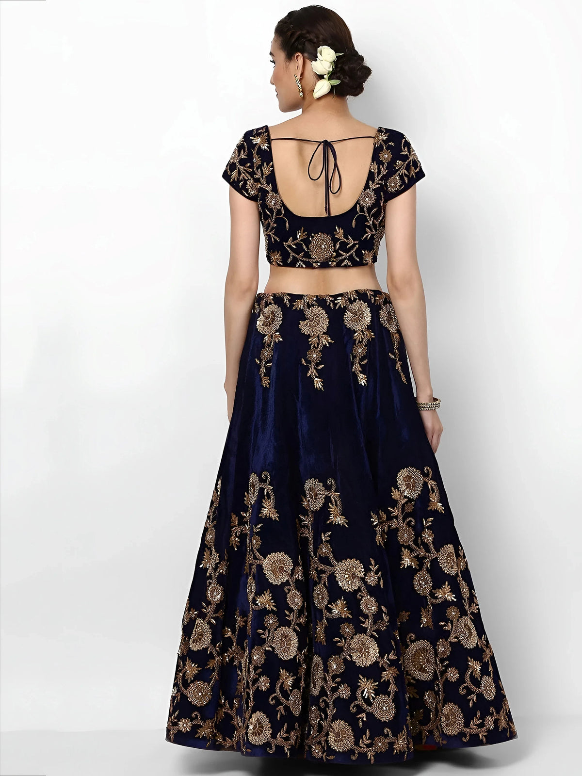 Navy Blue Embroidered Velvet Bridal Lehenga Choli With Sky Blue Dupatta