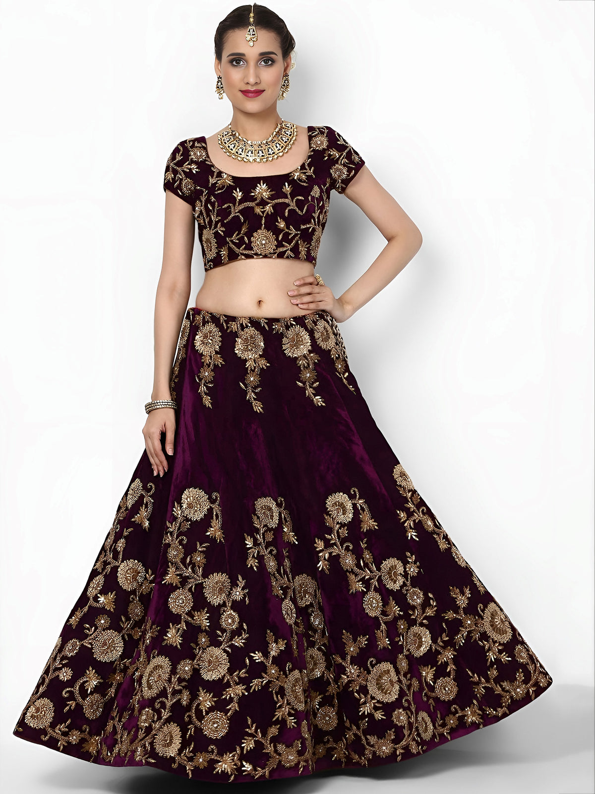 Purple Embroidered Velvet Bridal Lehenga Choli With Baby Pink Dupatta