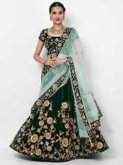 Bottle Green Embroidered Velvet Bridal Lehenga Choli With Pastel Green Dupatta