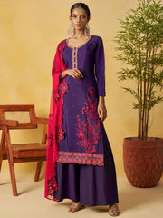 Elegant Purple Embroidered Organza Festival Wear Palazzo Suit