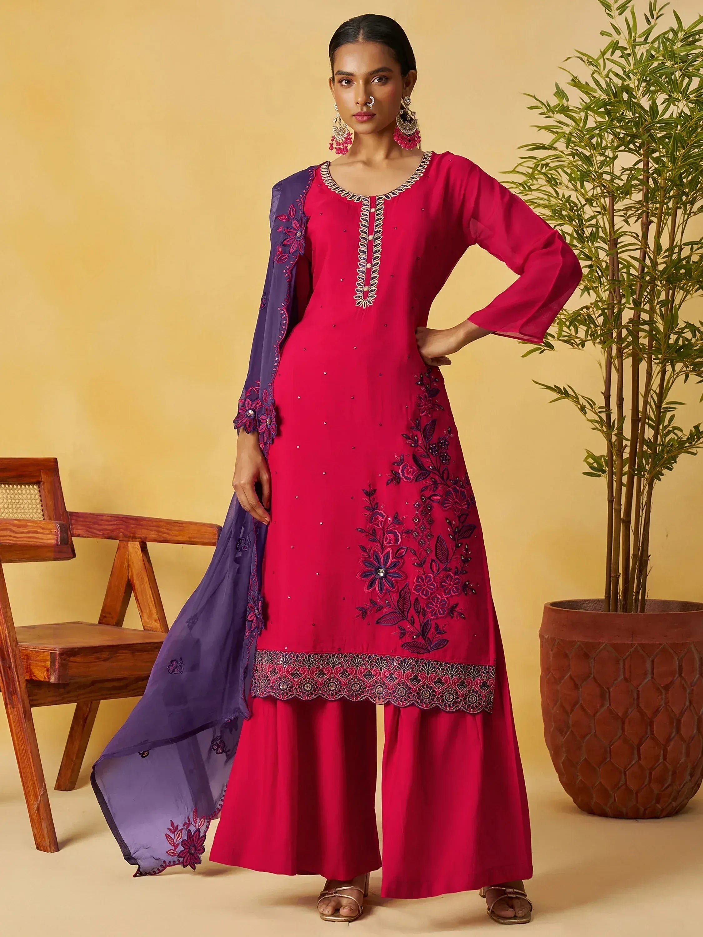 Graceful Pink Embroidered Organza Function Wear Palazzo Suit