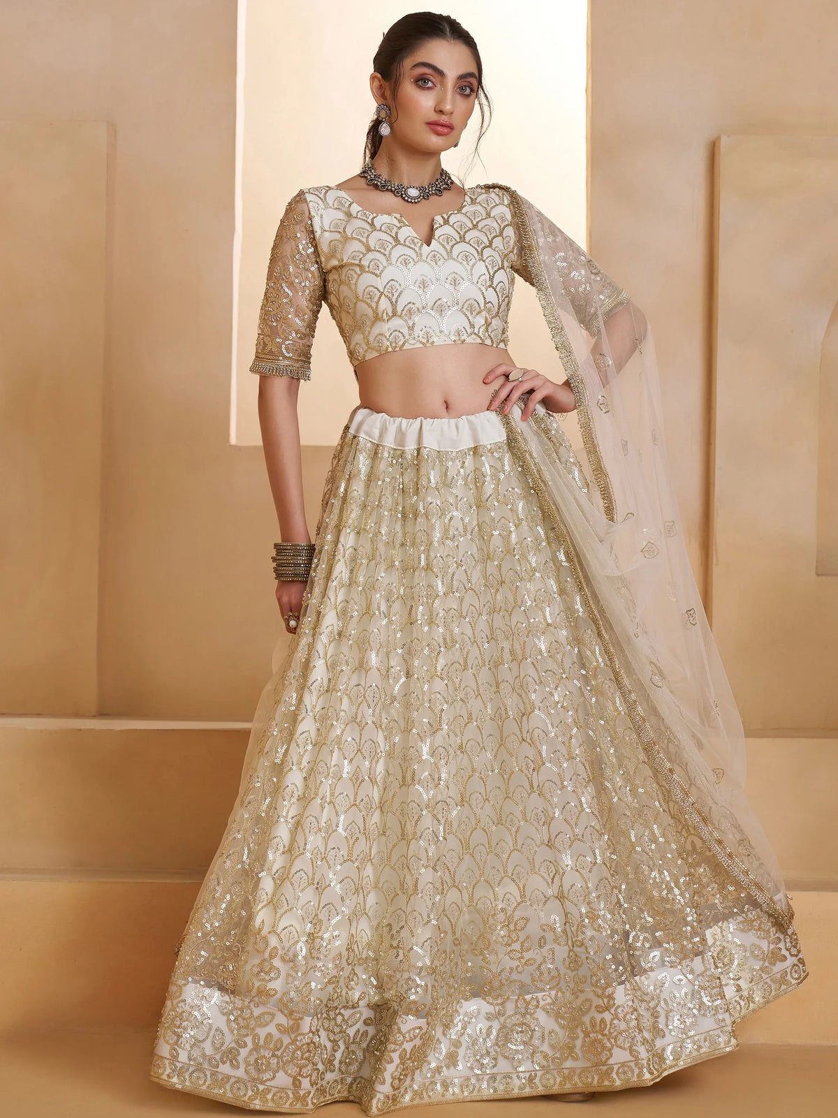 Shiny Off White Sequins Net Party Wear Lehenga Choli With Dupatta