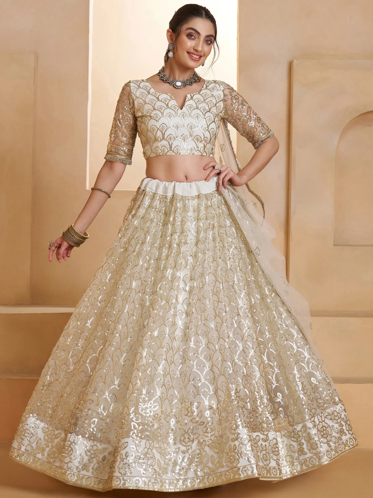 Shiny Off White Sequins Net Party Wear Lehenga Choli With Dupatta