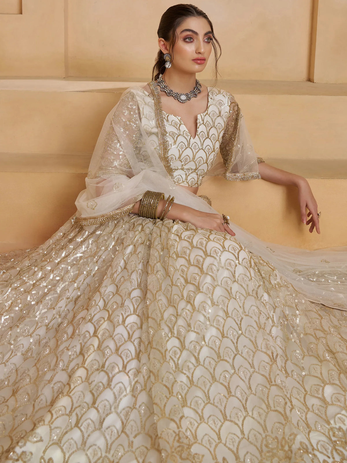 Shiny Off White Sequins Net Party Wear Lehenga Choli With Dupatta