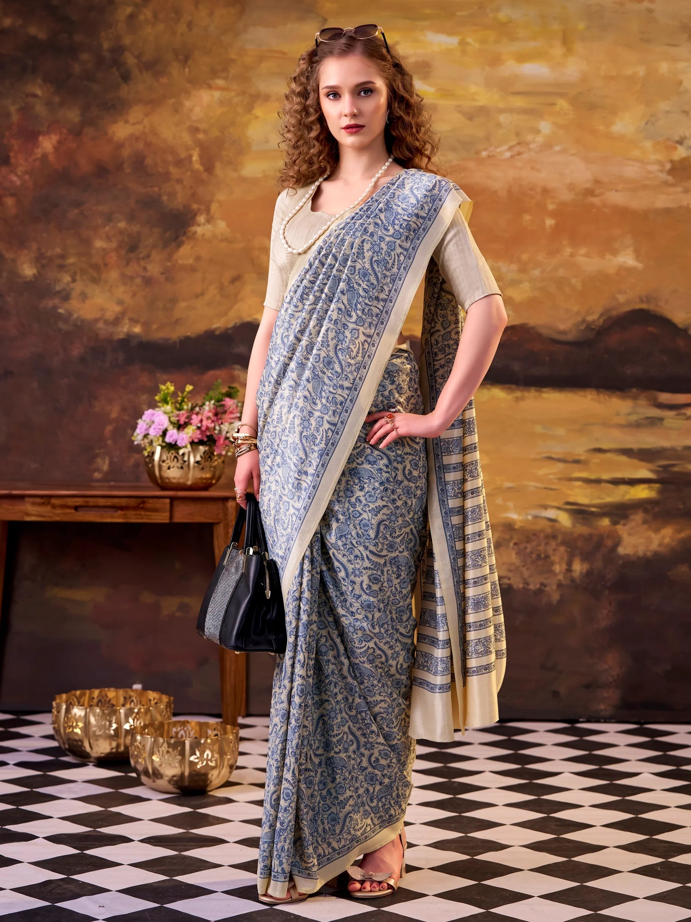 Great Blue Digital Printed Tussar Silk Casual Wear Saree With Blouse
