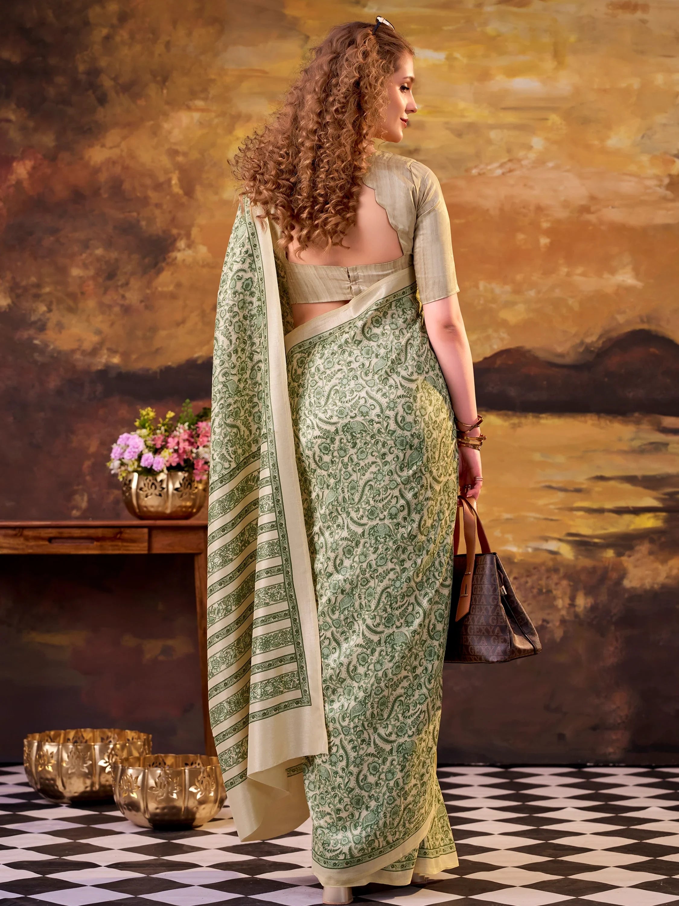 Fabulous Green Printed Tussar Silk Office Wear Saree With Blouse