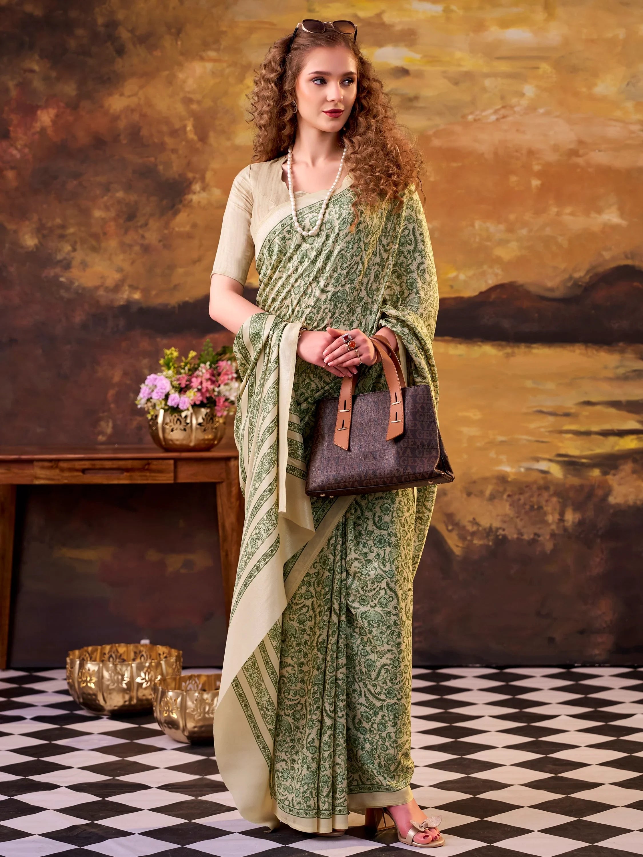 Fabulous Green Printed Tussar Silk Office Wear Saree With Blouse