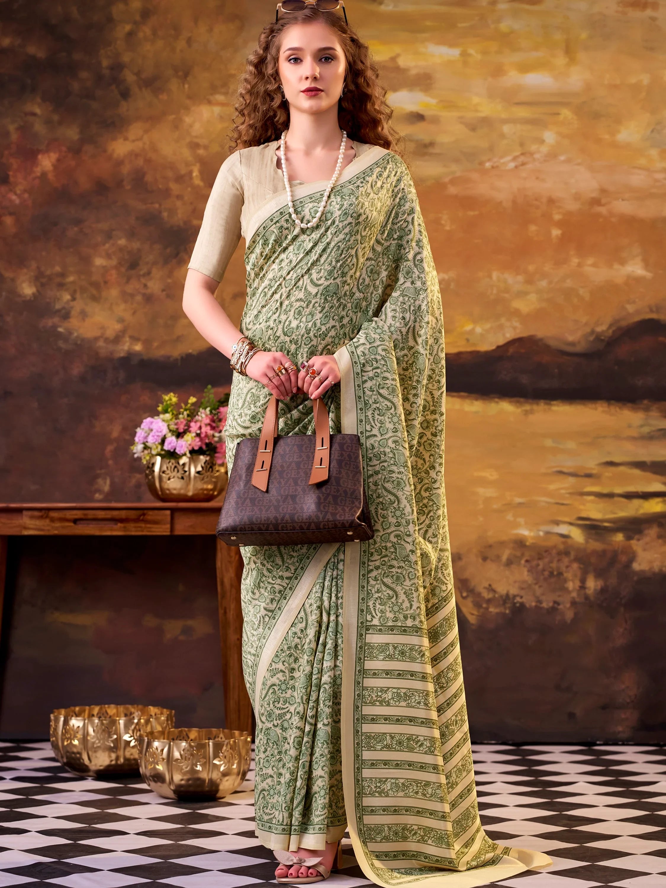 Fabulous Green Printed Tussar Silk Office Wear Saree With Blouse