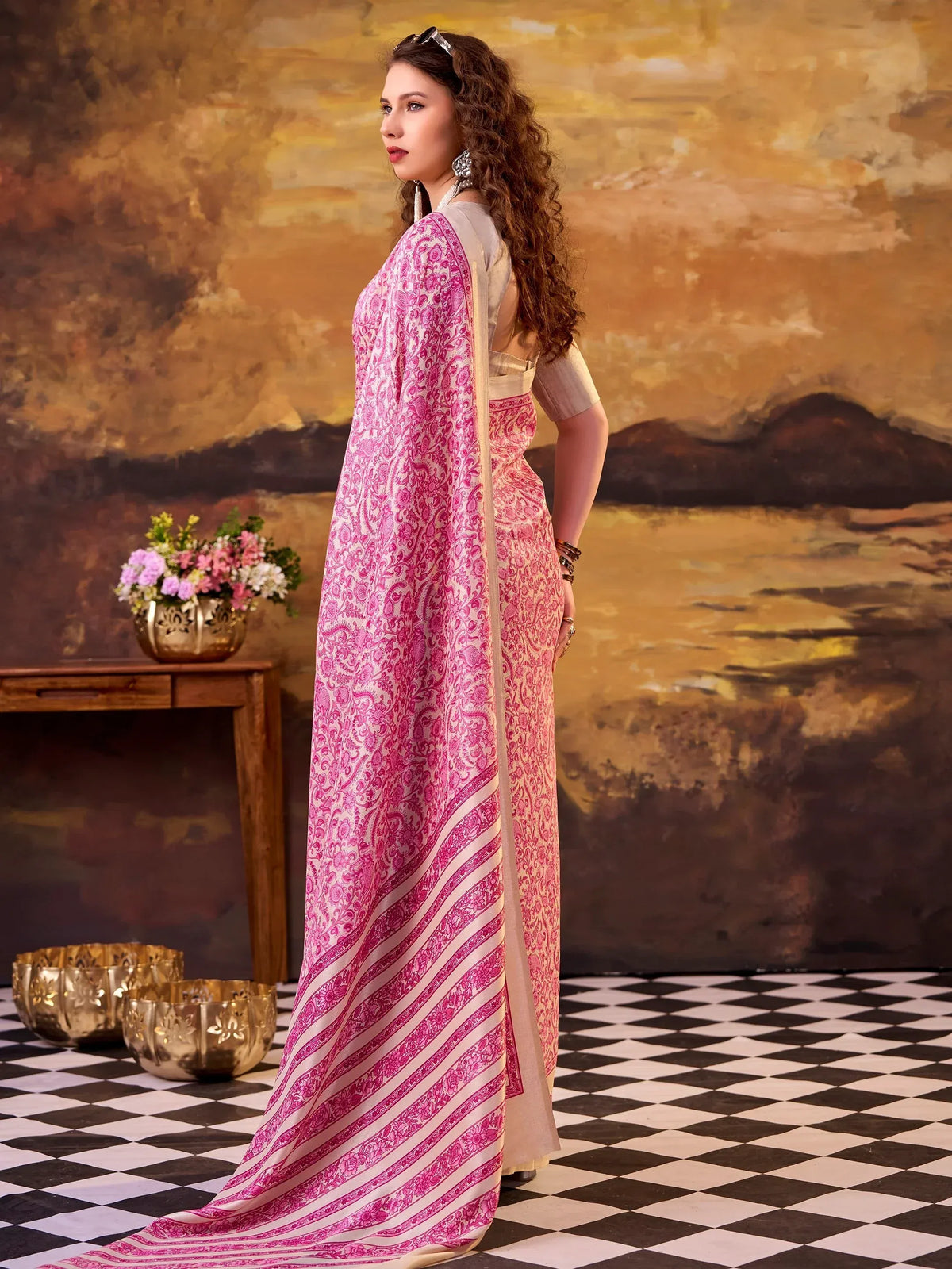 Pretty Pink Printed Tussar Silk Daily Wear Saree With Blouse