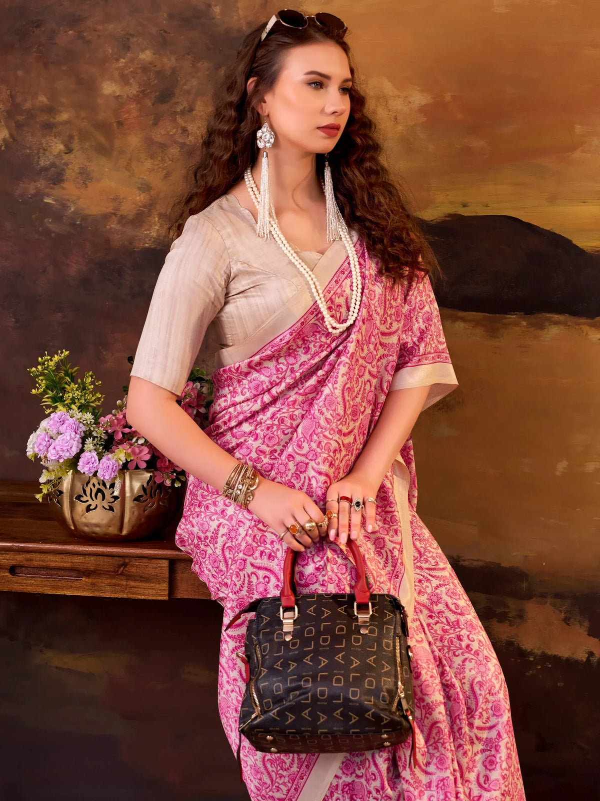 Pretty Pink Printed Tussar Silk Daily Wear Saree With Blouse
