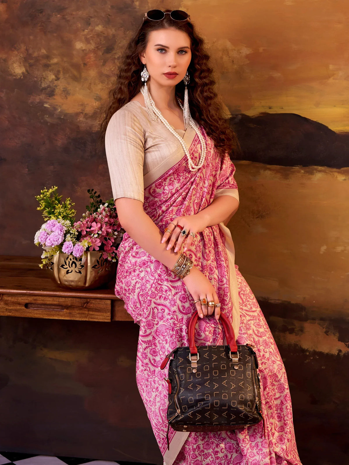 Pretty Pink Printed Tussar Silk Daily Wear Saree With Blouse