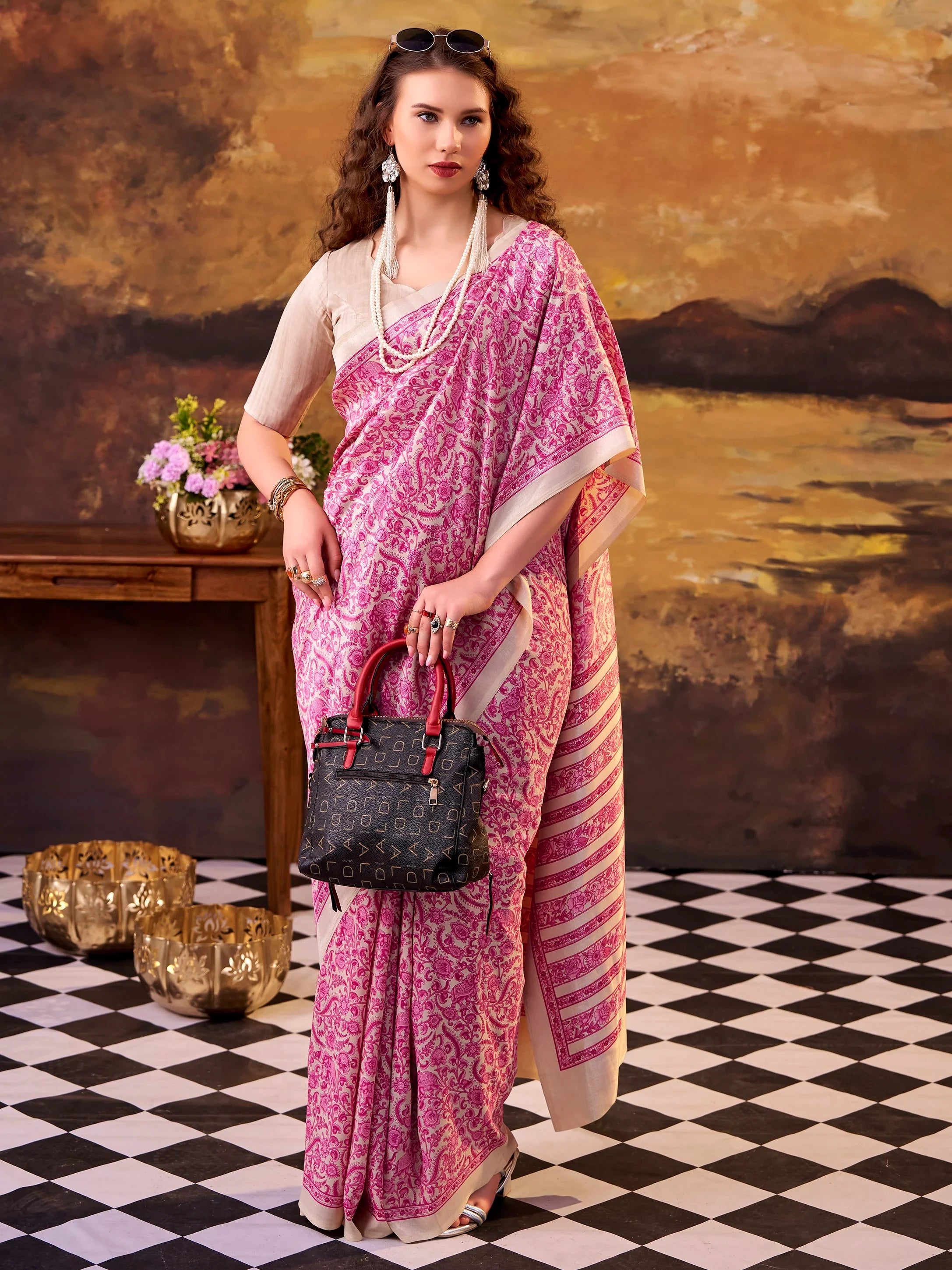 Pretty Pink Printed Tussar Silk Daily Wear Saree With Blouse