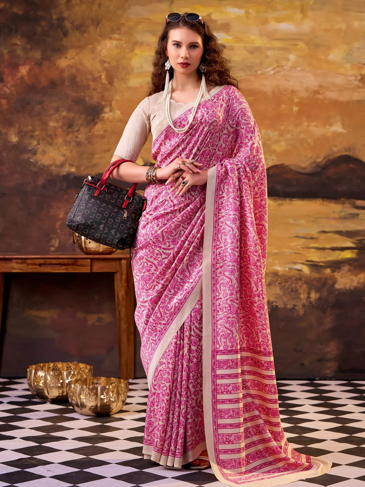 Pretty Pink Printed Tussar Silk Daily Wear Saree With Blouse