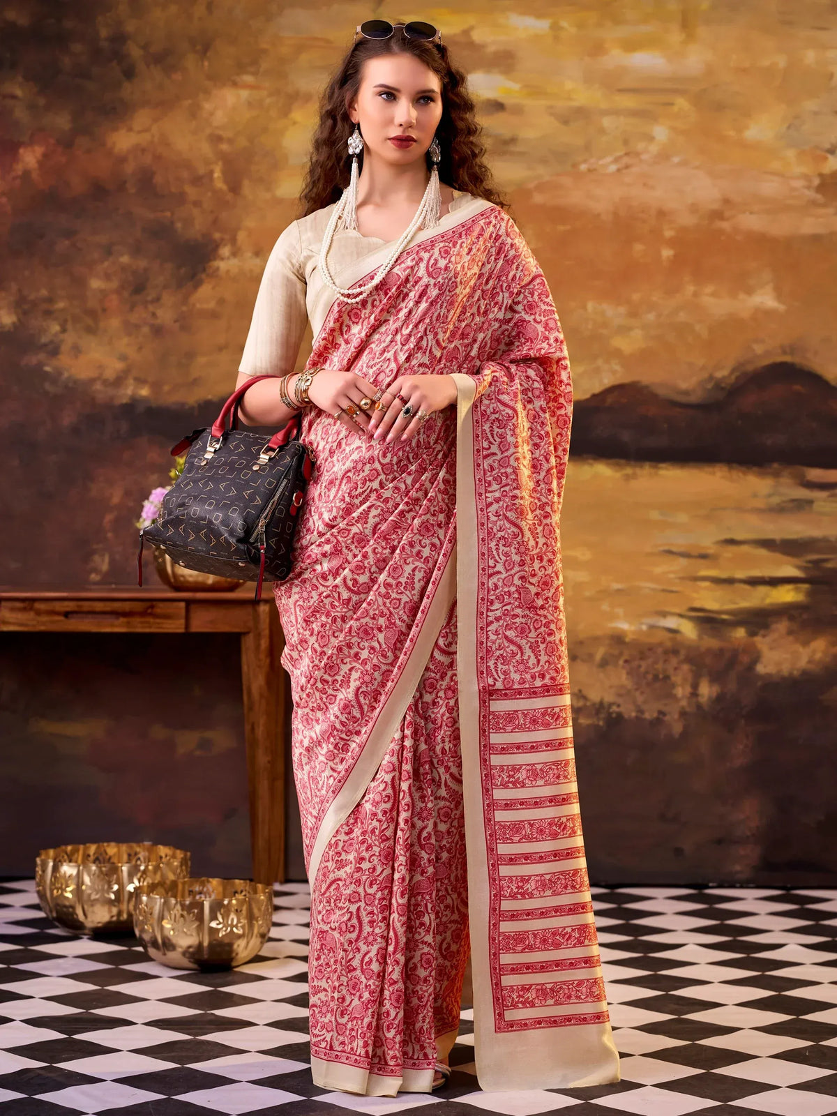 Fantastic Salmon Pink Digital Printed Tussar Silk Casual Wear Saree With Blouse