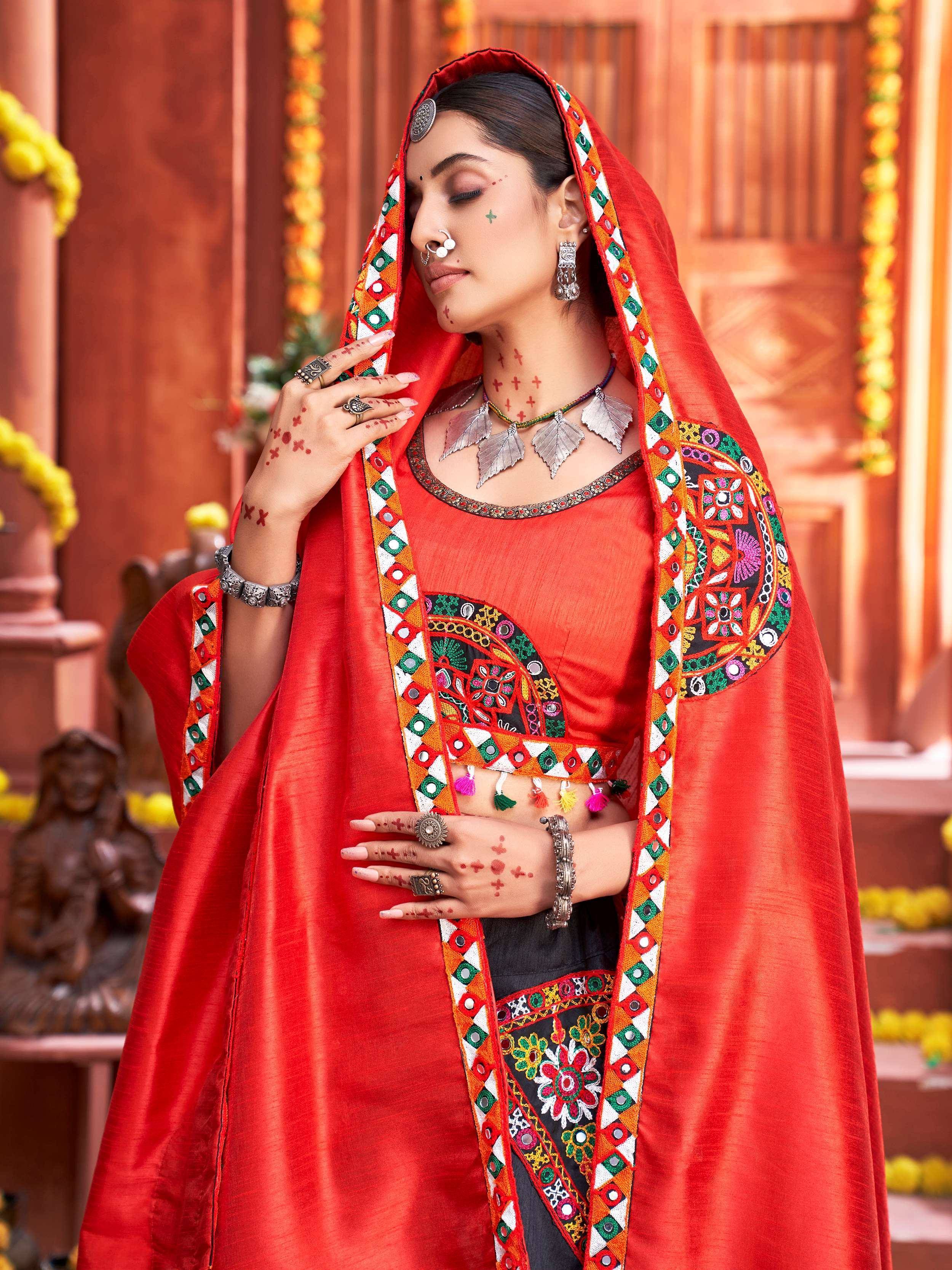 Attractive Black Gamthi Work Silk Traditional Rajwadi Chaniya Choli