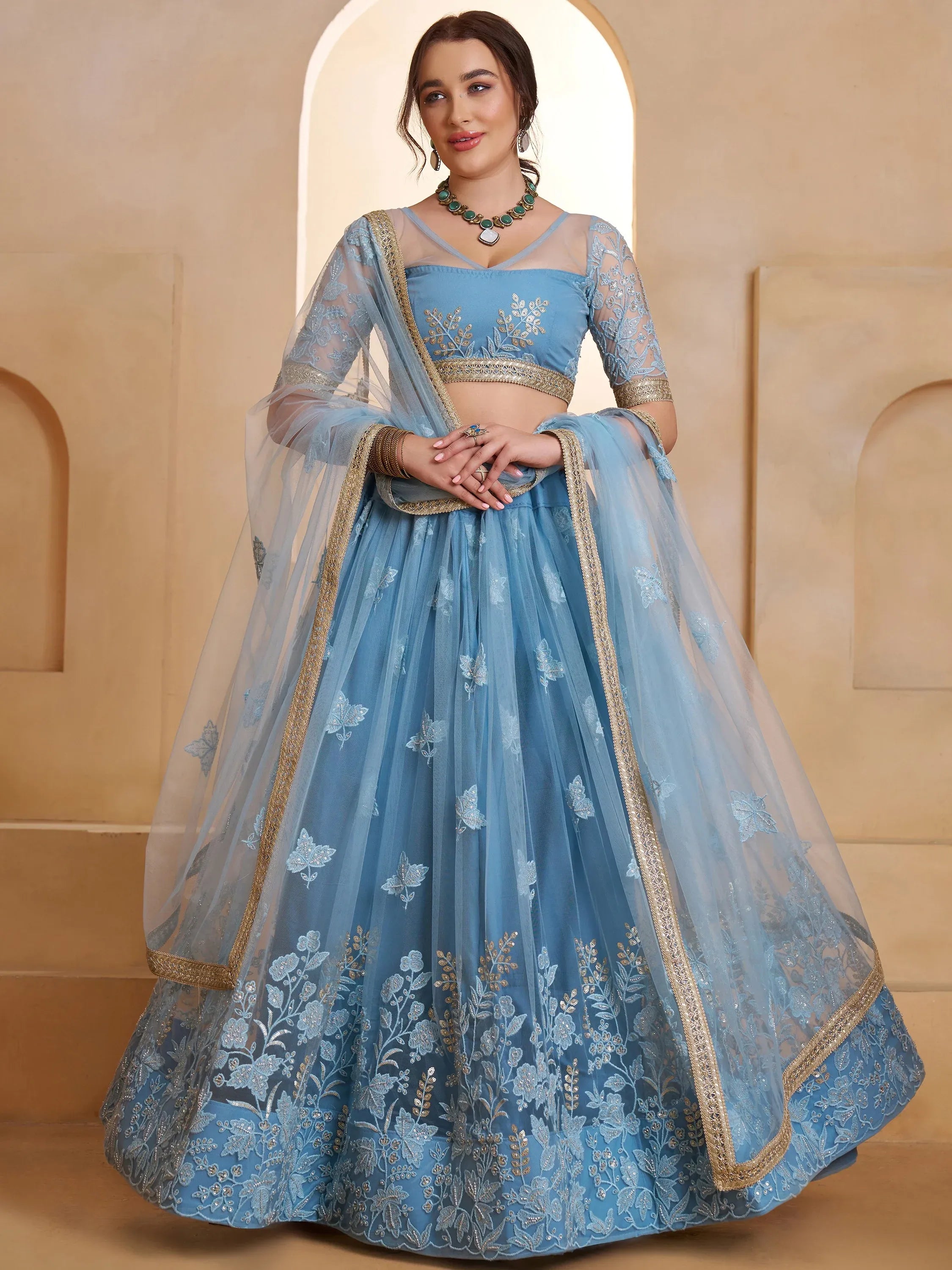 Dreamy Light Blue Sequins Net Reception Wear Lehenga Choli With Dupatta